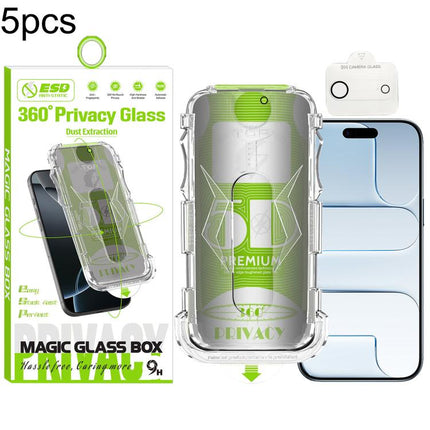 5pcs 5D Curved Easy Install Dust-proof Box 360 Privacy Tempered Glass Film with Lens Film, For iPhone 17e / 16e, For iPhone 17 Pro Max, For iPhone 17 Pro, For iPhone 17, For iPhone Air, For iPhone 16 Pro Max, For iPhone 16 Pro, For iPhone 16 Plus      ...