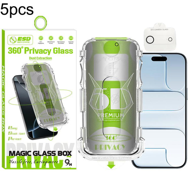 5pcs 5D Curved Easy Install Dust-proof Box 360 Privacy Tempered Glass Film with Lens Film, For iPhone 18 Pro, For iPhone 18 Pro Max, For iPhone 17e / 16e, For iPhone 17 Pro Max, For iPhone 17 Pro, For iPhone 17, For iPhone Air, For iPhone 16 Pro Max   ...