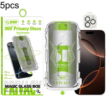 5pcs 5D Curved Easy Install Dust-proof Box 360 Privacy Tempered Glass Film with Lens Film, For iPhone 17e / 16e, For iPhone 17 Pro Max, For iPhone 17 Pro, For iPhone 17, For iPhone Air, For iPhone 16 Pro Max, For iPhone 16 Pro, For iPhone 16 Plus      ...