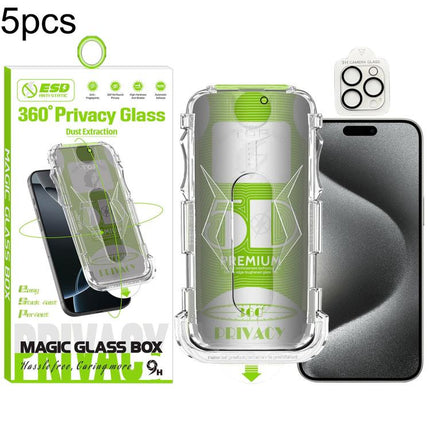 5pcs 5D Curved Easy Install Dust-proof Box 360 Privacy Tempered Glass Film with Lens Film, For iPhone 17e / 16e, For iPhone 17 Pro Max, For iPhone 17 Pro, For iPhone 17, For iPhone Air, For iPhone 16 Pro Max, For iPhone 16 Pro, For iPhone 16 Plus      ...