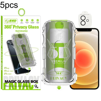 5pcs 5D Curved Easy Install Dust-proof Box 360 Privacy Tempered Glass Film with Lens Film, For iPhone 17e / 16e, For iPhone 17 Pro Max, For iPhone 17 Pro, For iPhone 17, For iPhone Air, For iPhone 16 Pro Max, For iPhone 16 Pro, For iPhone 16 Plus      ...