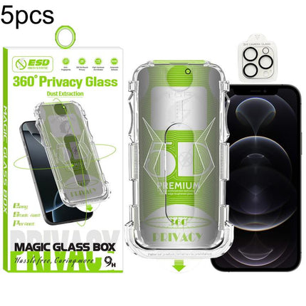 5pcs 5D Curved Easy Install Dust-proof Box 360 Privacy Tempered Glass Film with Lens Film, For iPhone 17e / 16e, For iPhone 17 Pro Max, For iPhone 17 Pro, For iPhone 17, For iPhone Air, For iPhone 16 Pro Max, For iPhone 16 Pro, For iPhone 16 Plus      ...