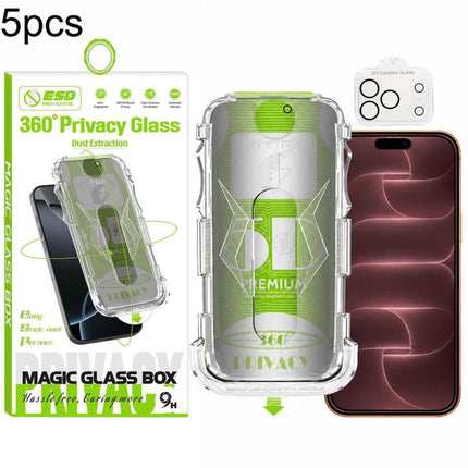 5pcs 5D Curved Easy Install Dust-proof Box 360 Privacy Tempered Glass Film with Lens Film, For iPhone 18 Pro, For iPhone 18 Pro Max, For iPhone 17e / 16e, For iPhone 17 Pro Max, For iPhone 17 Pro, For iPhone 17, For iPhone Air, For iPhone 16 Pro Max   ...