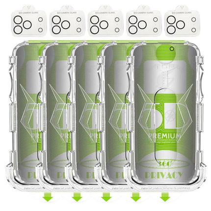 5pcs 5D Curved Easy Install Dust-proof Box 360 Privacy Tempered Glass Film with Lens Film, For iPhone 18 Pro, For iPhone 18 Pro Max, For iPhone 17e / 16e, For iPhone 17 Pro Max, For iPhone 17 Pro, For iPhone 17, For iPhone Air, For iPhone 16 Pro Max   ...