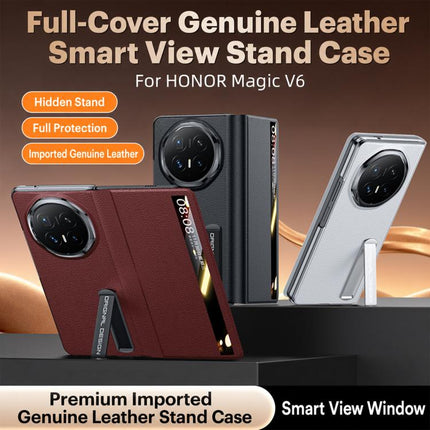 Metal Bar-Type Holder Smart View Window Genuine Leather Phone Case, For Honor Magic V6