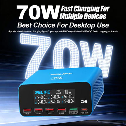 RELIFE Q6 70W Intelligent Multi-Port Digital Display Charger, EU Plug, AU Plug, UK Plug, US Plug