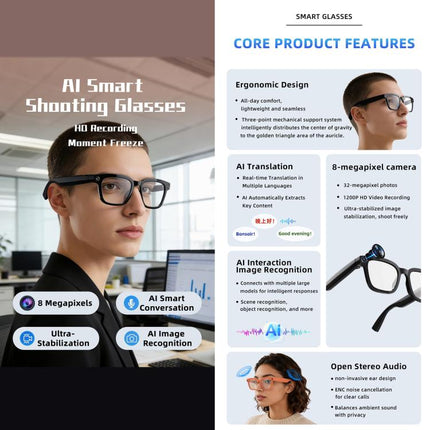 V03 Pro Smart AI Glasses with 8MP HD Camera, Video Recording WiFi Transmission, Al Smart Voice Assistant, Anti Blue Light Lens, Sunglasses