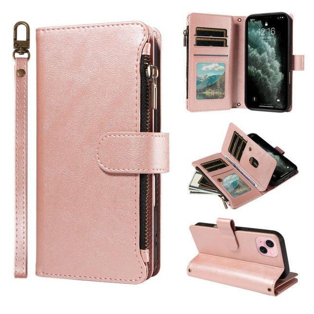 P03 Imitation Calf Leather 9 Card Slots Zipper Phone Case with Wrist Strap, For iPhone 15, For iPhone 14 Plus, For iPhone 14 / 13, For iPhone 14 Pro