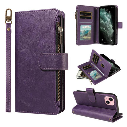 P03 Imitation Calf Leather 9 Card Slots Zipper Phone Case with Wrist Strap, For iPhone 15, For iPhone 14 Plus, For iPhone 14 / 13, For iPhone 14 Pro