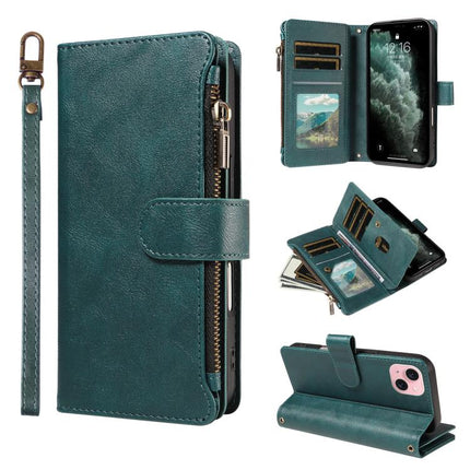 P03 Imitation Calf Leather 9 Card Slots Zipper Phone Case with Wrist Strap, For iPhone 15, For iPhone 14 Plus, For iPhone 14 / 13, For iPhone 14 Pro