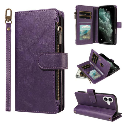 P03 Imitation Calf Leather 9 Card Slots Zipper Phone Case with Wrist Strap, For iPhone 18 Pro / 17 Pro, For iPhone 18 Pro Max / 17 Pro Max, For iPhone 16e / 17e, For iPhone 17