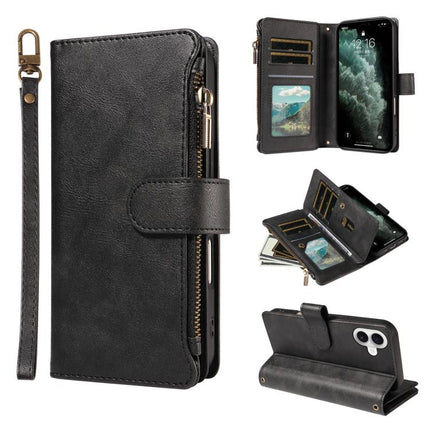 P03 Imitation Calf Leather 9 Card Slots Zipper Phone Case with Wrist Strap, For iPhone 18 Pro / 17 Pro, For iPhone 18 Pro Max / 17 Pro Max, For iPhone 16e / 17e, For iPhone 17