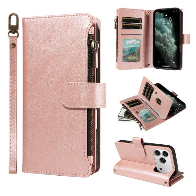 P03 Imitation Calf Leather 9 Card Slots Zipper Phone Case with Wrist Strap, For iPhone 18 Pro / 17 Pro, For iPhone 18 Pro Max / 17 Pro Max, For iPhone 16e / 17e, For iPhone 17