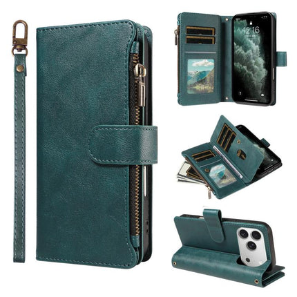 P03 Imitation Calf Leather 9 Card Slots Zipper Phone Case with Wrist Strap, For iPhone 18 Pro / 17 Pro, For iPhone 18 Pro Max / 17 Pro Max, For iPhone 16e / 17e, For iPhone 17