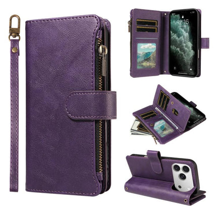 P03 Imitation Calf Leather 9 Card Slots Zipper Phone Case with Wrist Strap, For iPhone 18 Pro / 17 Pro, For iPhone 18 Pro Max / 17 Pro Max, For iPhone 16e / 17e, For iPhone 17