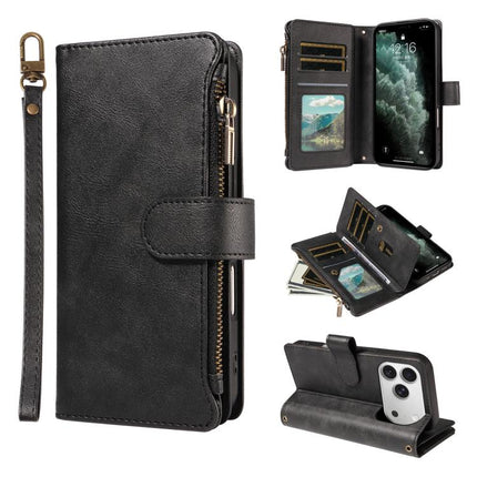 P03 Imitation Calf Leather 9 Card Slots Zipper Phone Case with Wrist Strap, For iPhone 18 Pro / 17 Pro, For iPhone 18 Pro Max / 17 Pro Max, For iPhone 16e / 17e, For iPhone 17