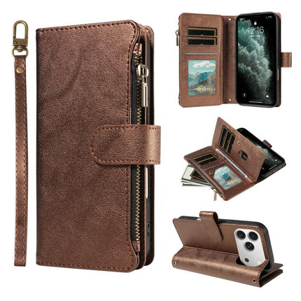 P03 Imitation Calf Leather 9 Card Slots Zipper Phone Case with Wrist Strap, For iPhone 18 Pro / 17 Pro, For iPhone 18 Pro Max / 17 Pro Max, For iPhone 16e / 17e, For iPhone 17