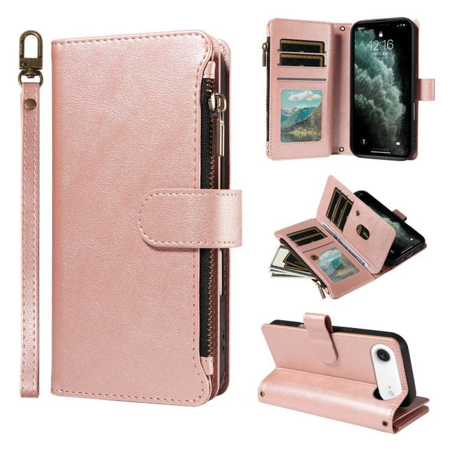 P03 Imitation Calf Leather 9 Card Slots Zipper Phone Case with Wrist Strap, For iPhone Air, For iPhone 16 Pro Max, For iPhone 16 Pro, For iPhone 16 Plus