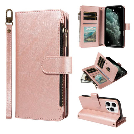 P03 Imitation Calf Leather 9 Card Slots Zipper Phone Case with Wrist Strap, For iPhone Air, For iPhone 16 Pro Max, For iPhone 16 Pro, For iPhone 16 Plus