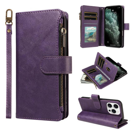 P03 Imitation Calf Leather 9 Card Slots Zipper Phone Case with Wrist Strap, For iPhone Air, For iPhone 16 Pro Max, For iPhone 16 Pro, For iPhone 16 Plus