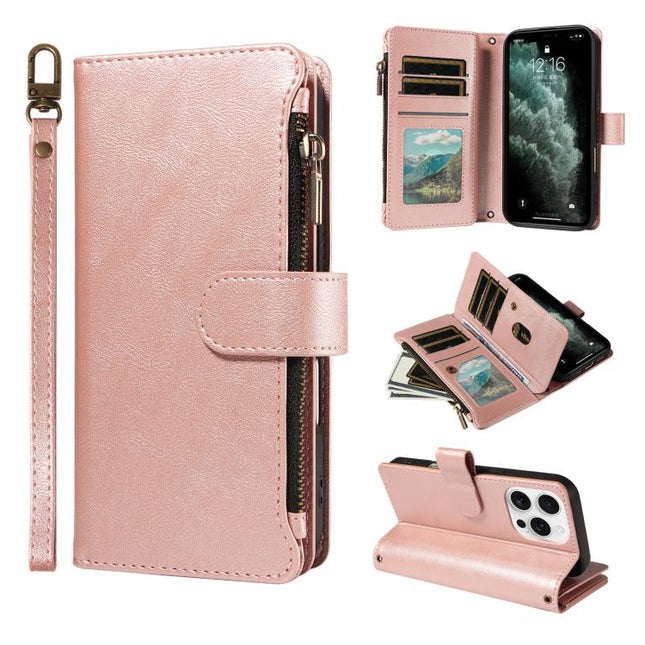 P03 Calf Leather 9 Card Slots Zipper Phone Case with Wrist Strap, For iPhone Air, For iPhone 16 Pro Max, For iPhone 16 Pro, For iPhone 16 Plus