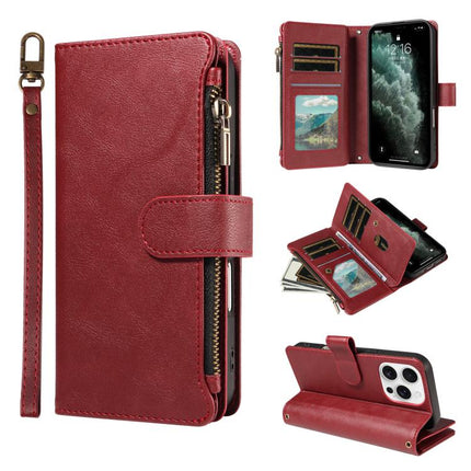 P03 Imitation Calf Leather 9 Card Slots Zipper Phone Case with Wrist Strap, For iPhone Air, For iPhone 16 Pro Max, For iPhone 16 Pro, For iPhone 16 Plus