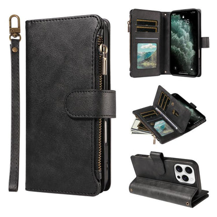P03 Imitation Calf Leather 9 Card Slots Zipper Phone Case with Wrist Strap, For iPhone Air, For iPhone 16 Pro Max, For iPhone 16 Pro, For iPhone 16 Plus