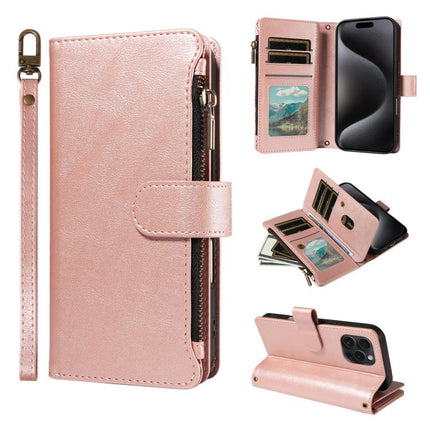 P03 Imitation Calf Leather 9 Card Slots Zipper Phone Case with Wrist Strap, For iPhone 16, For iPhone 15 Pro Max, For iPhone 15 Pro, For iPhone 15 Plus