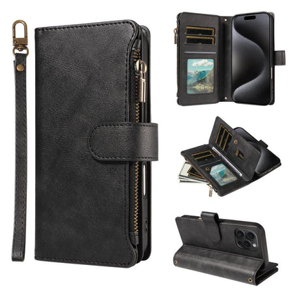 P03 Imitation Calf Leather 9 Card Slots Zipper Phone Case with Wrist Strap, For iPhone 16, For iPhone 15 Pro Max, For iPhone 15 Pro, For iPhone 15 Plus