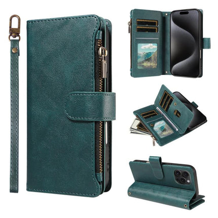 P03 Imitation Calf Leather 9 Card Slots Zipper Phone Case with Wrist Strap, For iPhone 16, For iPhone 15 Pro Max, For iPhone 15 Pro, For iPhone 15 Plus