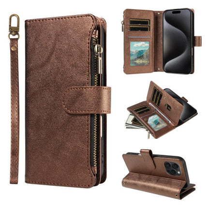 P03 Imitation Calf Leather 9 Card Slots Zipper Phone Case with Wrist Strap, For iPhone 16, For iPhone 15 Pro Max, For iPhone 15 Pro, For iPhone 15 Plus