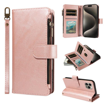 P03 Imitation Calf Leather 9 Card Slots Zipper Phone Case with Wrist Strap, For iPhone 16, For iPhone 15 Pro Max, For iPhone 15 Pro, For iPhone 15 Plus