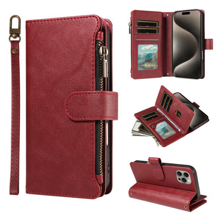 P03 Imitation Calf Leather 9 Card Slots Zipper Phone Case with Wrist Strap, For iPhone 16, For iPhone 15 Pro Max, For iPhone 15 Pro, For iPhone 15 Plus