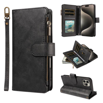 P03 Imitation Calf Leather 9 Card Slots Zipper Phone Case with Wrist Strap, For iPhone 16, For iPhone 15 Pro Max, For iPhone 15 Pro, For iPhone 15 Plus