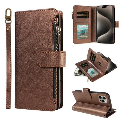P03 Imitation Calf Leather 9 Card Slots Zipper Phone Case with Wrist Strap, For iPhone 16, For iPhone 15 Pro Max, For iPhone 15 Pro, For iPhone 15 Plus