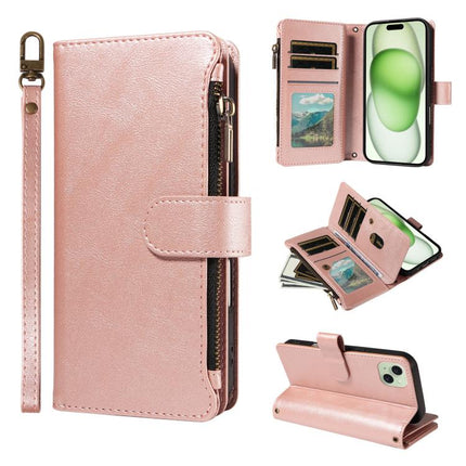 P03 Imitation Calf Leather 9 Card Slots Zipper Phone Case with Wrist Strap, For iPhone 16, For iPhone 15 Pro Max, For iPhone 15 Pro, For iPhone 15 Plus