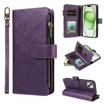P03 Imitation Calf Leather 9 Card Slots Zipper Phone Case with Wrist Strap, For iPhone 16, For iPhone 15 Pro Max, For iPhone 15 Pro, For iPhone 15 Plus