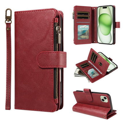 P03 Imitation Calf Leather 9 Card Slots Zipper Phone Case with Wrist Strap, For iPhone 16, For iPhone 15 Pro Max, For iPhone 15 Pro, For iPhone 15 Plus