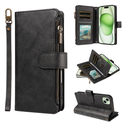 P03 Imitation Calf Leather 9 Card Slots Zipper Phone Case with Wrist Strap, For iPhone 16, For iPhone 15 Pro Max, For iPhone 15 Pro, For iPhone 15 Plus