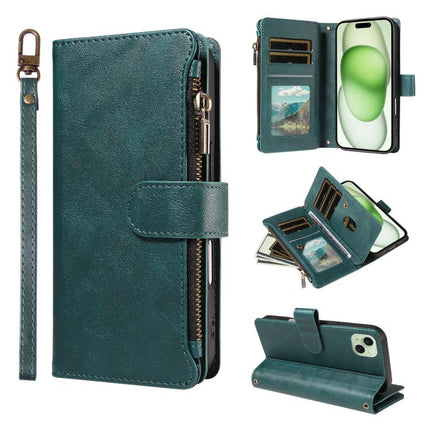 P03 Imitation Calf Leather 9 Card Slots Zipper Phone Case with Wrist Strap, For iPhone 16, For iPhone 15 Pro Max, For iPhone 15 Pro, For iPhone 15 Plus