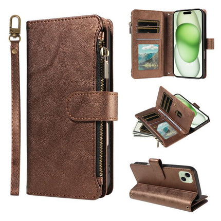 P03 Imitation Calf Leather 9 Card Slots Zipper Phone Case with Wrist Strap, For iPhone 16, For iPhone 15 Pro Max, For iPhone 15 Pro, For iPhone 15 Plus