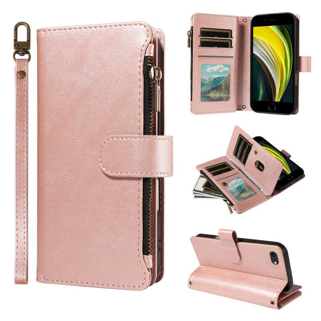 P03 Calf Leather 9 Card Slots Zipper Phone Case with Wrist Strap, For iPhone 14 Pro Max, For iPhone 6 / 7 / 8 / SE2 2020 / SE3 2022, For iPhone 13 Pro Max, For iPhone 13 Pro