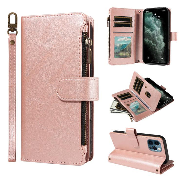 P03 Calf Leather 9 Card Slots Zipper Phone Case with Wrist Strap, For iPhone 13 mini, For iPhone 12 / 12 Pro, For iPhone 12 Pro Max, For iPhone 12 mini