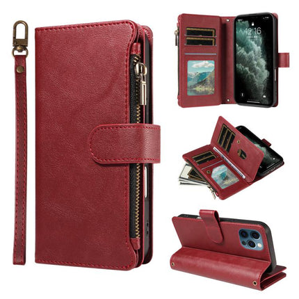 P03 Imitation Calf Leather 9 Card Slots Zipper Phone Case with Wrist Strap, For iPhone 13 mini, For iPhone 12 / 12 Pro, For iPhone 12 Pro Max, For iPhone 12 mini