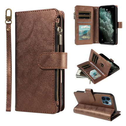 P03 Imitation Calf Leather 9 Card Slots Zipper Phone Case with Wrist Strap, For iPhone 13 mini, For iPhone 12 / 12 Pro, For iPhone 12 Pro Max, For iPhone 12 mini