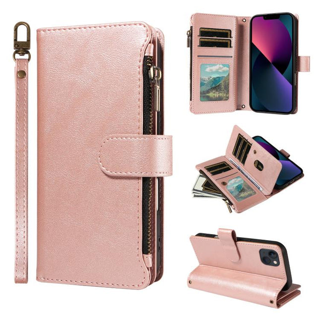 P03 Imitation Calf Leather 9 Card Slots Zipper Phone Case with Wrist Strap, For iPhone 13 mini, For iPhone 12 / 12 Pro, For iPhone 12 Pro Max, For iPhone 12 mini