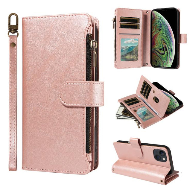 P03 Calf Leather 9 Card Slots Zipper Phone Case with Wrist Strap, For iPhone 15, For iPhone 14 Plus, For iPhone 14 / 13, For iPhone 14 Pro