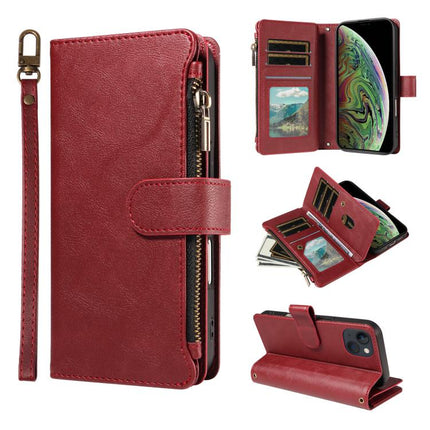 P03 Imitation Calf Leather 9 Card Slots Zipper Phone Case with Wrist Strap, For iPhone 15, For iPhone 14 Plus, For iPhone 14 / 13, For iPhone 14 Pro