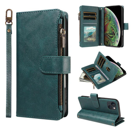 P03 Imitation Calf Leather 9 Card Slots Zipper Phone Case with Wrist Strap, For iPhone 15, For iPhone 14 Plus, For iPhone 14 / 13, For iPhone 14 Pro