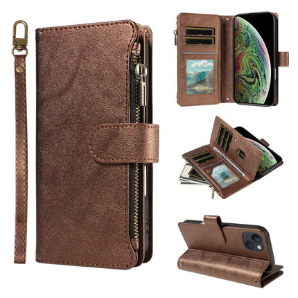 P03 Imitation Calf Leather 9 Card Slots Zipper Phone Case with Wrist Strap, For iPhone 15, For iPhone 14 Plus, For iPhone 14 / 13, For iPhone 14 Pro